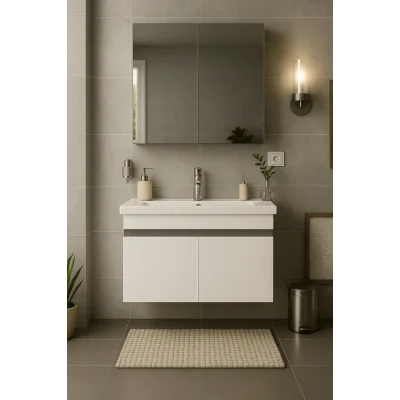 Tasarım Arista 80CM Beyaz Renkli Mdf, Seramik Lavabolu, Alt ve Üst  Dolaplı, Üst Aynalı, Banyo Dolabı Takımı